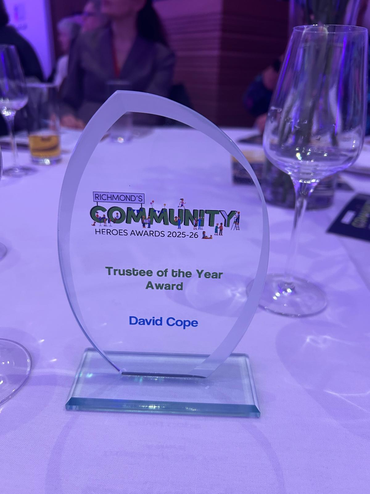 David Cope's Richmond's Community Heroes Awards Trustee of the Year trophy